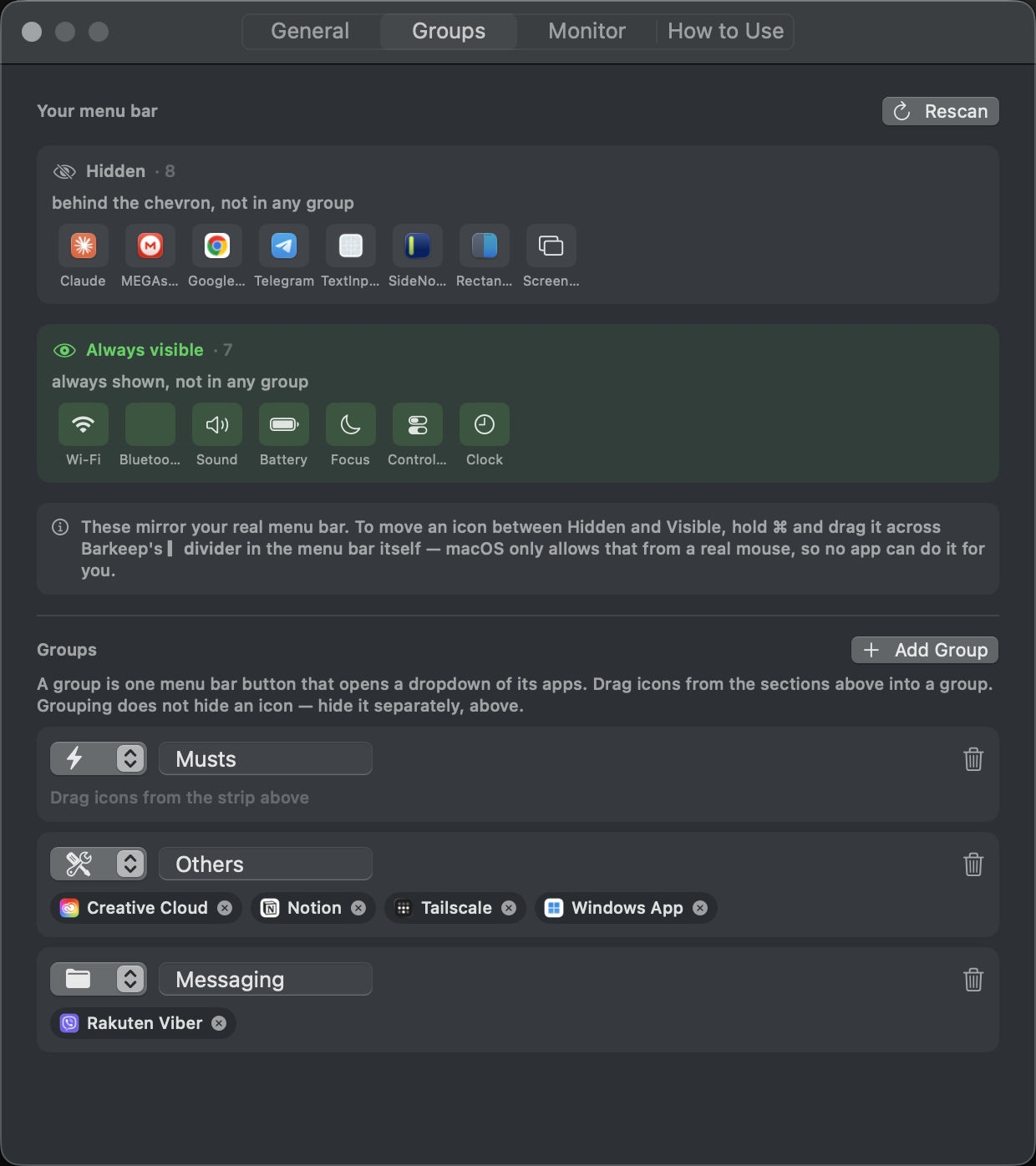 Barkeep's Groups settings showing hidden and visible menu bar icons
